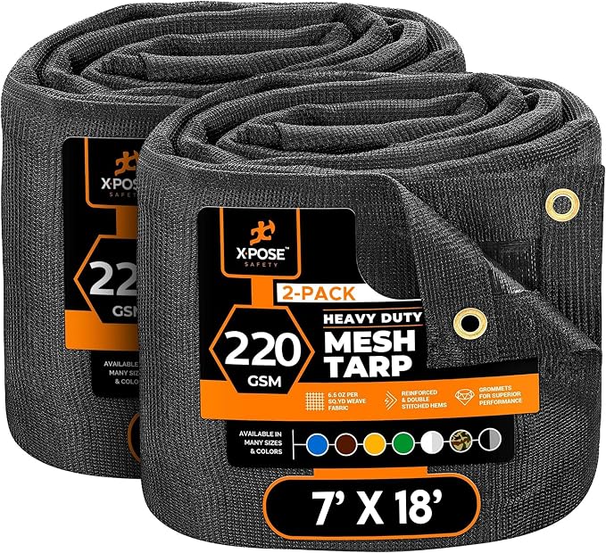 Xpose Safety Heavy Duty Mesh Tarp 7' x 18' (2-Pack) – Multipurpose Black Protective Cover with Air Flow - Use for Tie Downs, Shade, Fences, Canopies, Dump Trucks – Weather and Tear Resistant