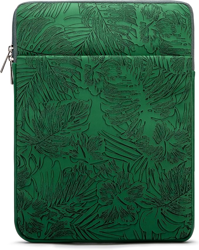Kinmac 360° Protective Vertical Laptop Sleeve Case Cover Bag (Green Leaves PU, 15.6 inch-16 inch)