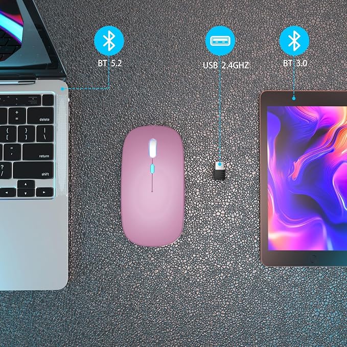 AIKOKOK Wireless Bluetooth Mouse, Rechargeable, Dual Mode Bluetooth 5.2 & 2.4G USB, LED Lights, Slim, Silent, Portable Computer Mouse for Laptop, PC, MacBook, iPad, Tablet (Rose Gold)