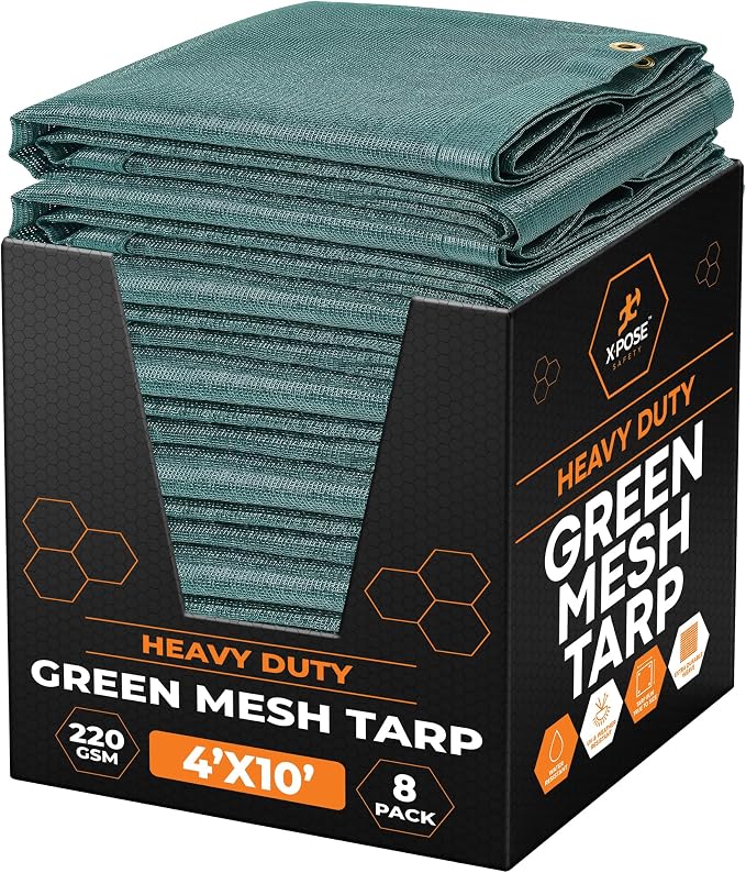 Xpose Safety Heavy Duty Green Mesh Tarp 4' x 10' (8-Pack) – 70% Sunblock Shade Cloth with Grommets for Garden, Fence, Privacy Screen, Canopies, Dump Trucks, Pool Cover – Tear & Weather Resistant