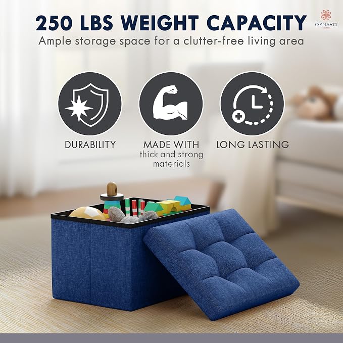 Ornavo Home Small Storage Ottoman, Set of 2, Foldable Collapsible Rectangle Linen Ottoman Foot Rest Stool Seat, for Living Room, Bedroom, Home Office, Dorm - 12 x 16 x 12, Navy Blue