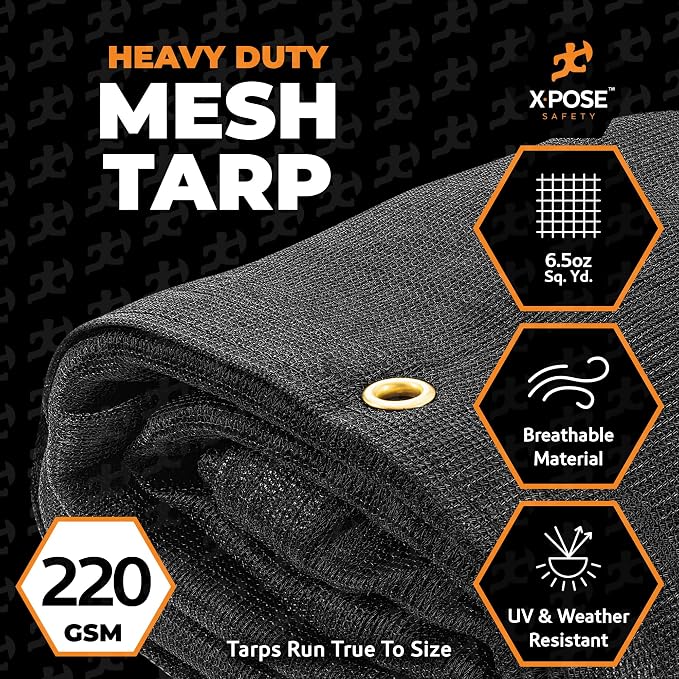 Xpose Safety Heavy Duty Mesh Tarp – 12’ x 20’ Multipurpose Black Protective Cover with Air Flow - Use for Tie Downs, Shade, Fences, Canopies, Dump Trucks – Tear Resistant