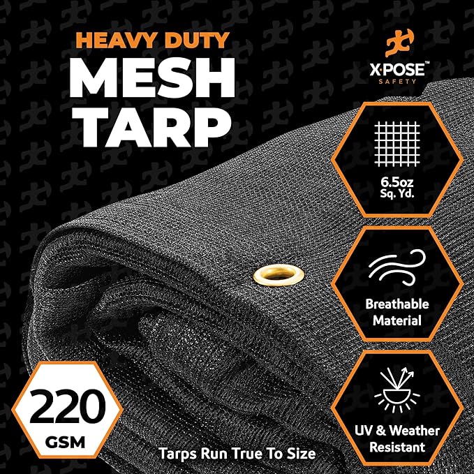 Xpose Safety Heavy Duty Mesh Tarp 10' x 22' – Multipurpose Black Protective Cover with Air Flow - Use for Tie Downs, Shade, Fences, Canopies, Dump Trucks – Weather and Tear Resistant
