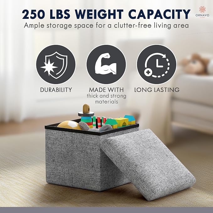 Ornavo Home Small Storage Ottoman Foldable Collapsible Cube Square Linen Ottoman Foot Rest Stool Seat, for Living Room, Bedroom, Home Office, Dorm - 12 x 12 x 12, Gray