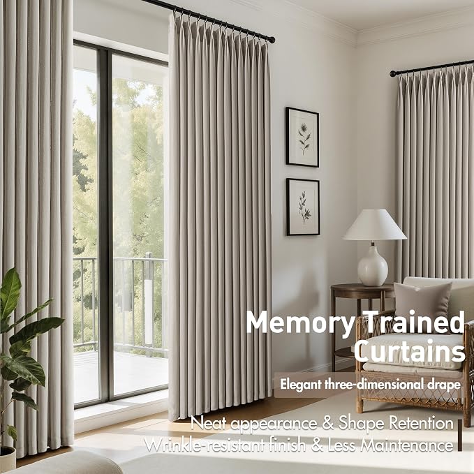 Memory Trained Pinch Pleated Curtains 108 Inches Long, Viral Linen Pinch Pleat Sheer Curtains with Ring Hooks&Clips for Track System Living Room, Oatmeal Light Filtering Privacy Curtain 2 Panel Set