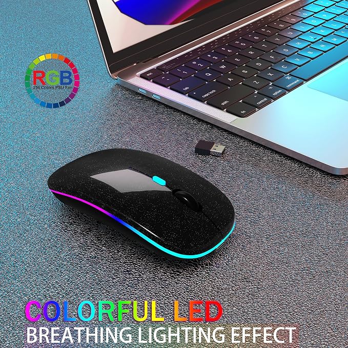 AIKOKOK Wireless Bluetooth Mouse, Rechargeable, Dual Mode Bluetooth 5.2 & 2.4G USB, LED Lights, Slim, Silent, Portable Computer Mouse for Laptop, PC, MacBook, iPad, Tablet (Black Pearl)