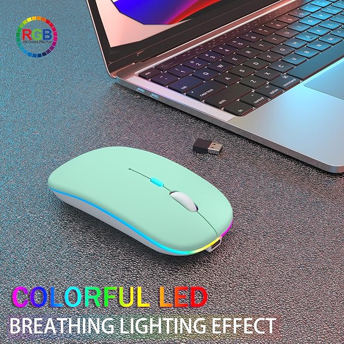 AIKOKOK Wireless Bluetooth Mouse, Rechargeable, Dual Mode Bluetooth 5.2 & 2.4G USB, LED Lights, Slim, Silent, Portable Computer Mouse for Laptop, PC, MacBook, iPad, Tablet (Green)