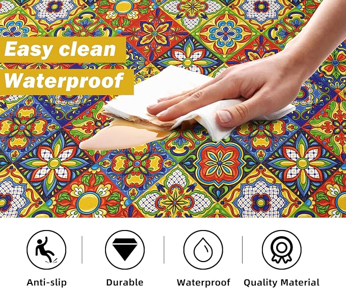 Boho Kitchen Rugs Set 2 Memory Foam Colorful Ceramic Comfort Tile Floor Mat Anti Fatigue Non-Skid PVC Runner Rug Water & Oil Proof Carpet for Kitchen Laundry Sink,17.3x28+17.3x47 Inch, C4