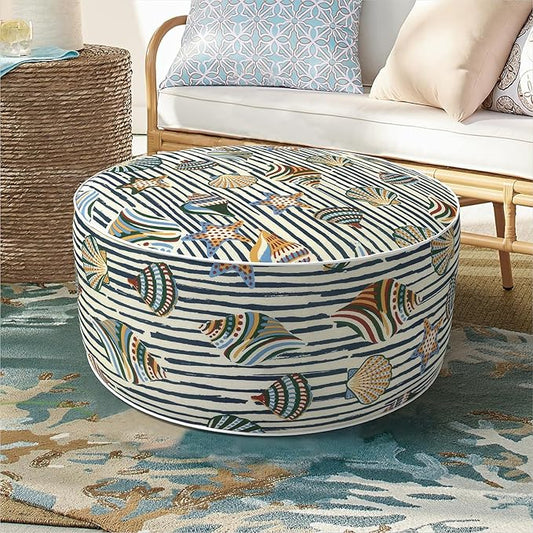 DYTXIII Inflatable Ottoman Stool D21 xH9 for Outdoor/Indoor Use, Water Repellent Patio Foot Rest with Portable Handle,Round Pouf Ottoman Suitable for Garden,Deck and Camping-Crayon Shells