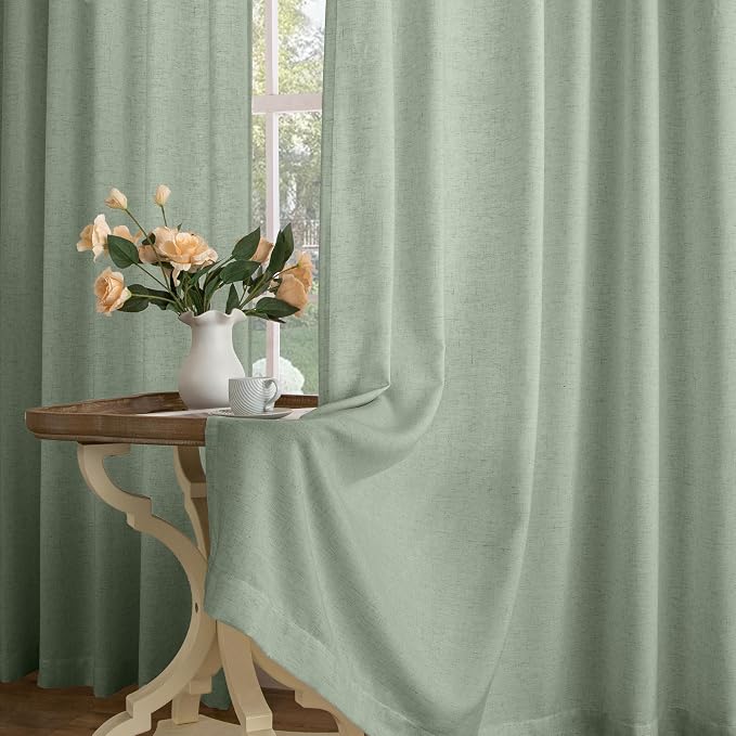 Memory Trained Pinch Pleated Curtains 84 Inches Long, Viral Linen Pinch Pleat Sheer Curtains with Ring Hooks&Clips for Track System Living Room, Sage Green Light Filtering Privacy Curtain 2 Panel Set