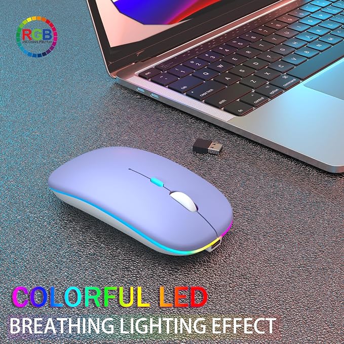 AIKOKOK Wireless Bluetooth Mouse, Rechargeable, Dual Mode Bluetooth 5.2 & 2.4G USB, LED Lights, Slim, Silent, Portable Computer Mouse for Laptop, PC, MacBook, iPad, Tablet (Purple)