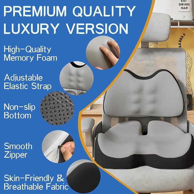 Benazcap Large Memory Foam Seat Cushion Lumbar Support Pillow for Sciatica & Tailbone Pressure Relief Coccyx Pad for Office Chair, Wheelchair, Car, Home, Office, Grey
