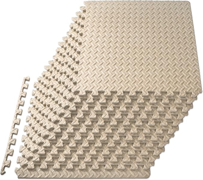 ProsourceFit Exercise Puzzle Mat ½-inch, EVA Interlocking Foam Floor Tiles for Home Gym, Workout Equipment, Kids Play Areas, Beige, 48 Sq Ft - 12 Tiles