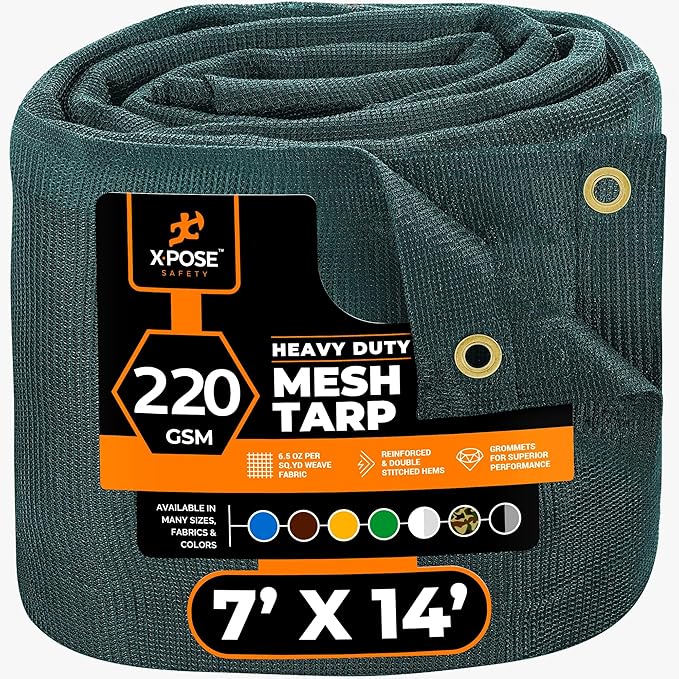 Xpose Safety Heavy Duty Green Mesh Tarp 7' x 14' – 70% Sunblock Shade Cloth with Grommets for Garden, Fence, Privacy Screen, Canopies, Dump Trucks, Pool Cover – Tear & Weather Resistant