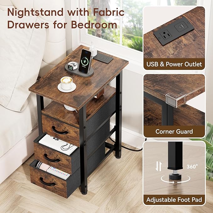 Vagusicc End Table with Charging Station, Narrow Side Table, Narrow Nightstand with 3 Fabric Drawers, Slim Sofa Side Table for Small Spaces, Small Night Stand for Bedroom, Rustic Brown