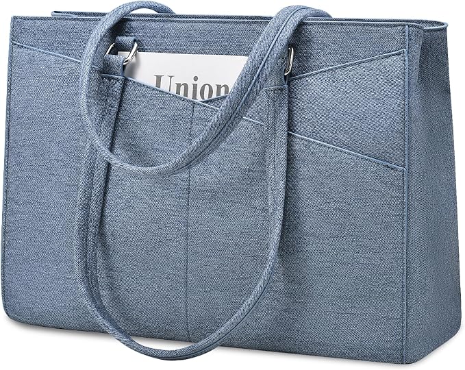 LOVEVOOK Laptop Bag for Women, 15.6 inch Leather Laptop Tote Work Teacher Bags Computer Shoulder Bag,Leather Denim Blue