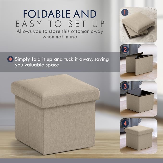 Ornavo Home Small Storage Ottoman Foldable Collapsible Cube Square Linen Ottoman Foot Rest Stool Seat, for Living Room, Bedroom, Home Office, Dorm - 12 x 12 x 12, Taupe