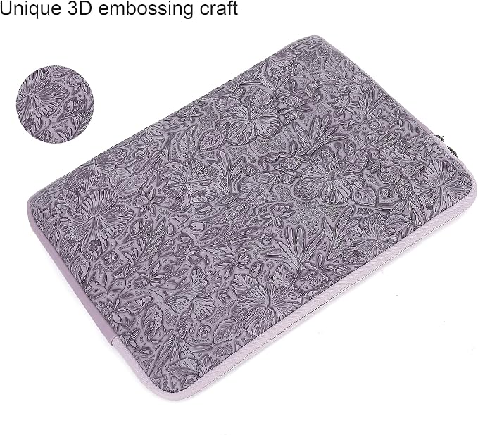 Embossing Floral Pattern PU Leather Laptop Sleeve Case with Pocket for MacBook Air 15 inch and 15 inch-15.6 inch HP, Lenovo, Dell, ASUS, Acer Notebook Computer (Purple PU)