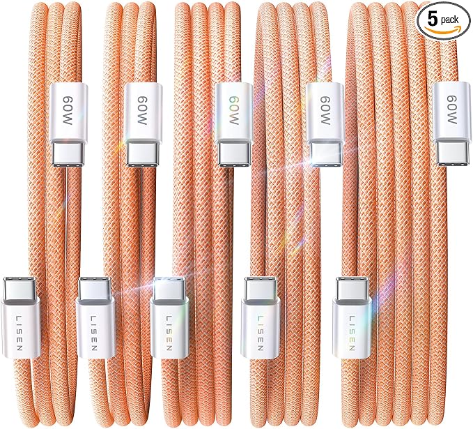 LISEN USB C Cable, 5-Pack [3.3/3.3/6.6/6.6/10FT] Orange for iPhone 17 Charger Cord, 60W C to C Cable Fast Charging for iPad, iPhone 17 Air 16 15 Pro Max, Samsung Z Flip 7/S25/S24