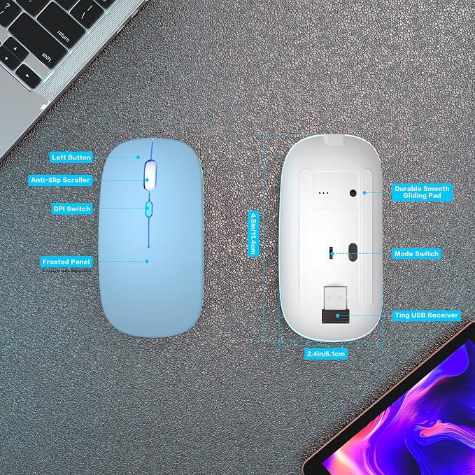 AIKOKOK Wireless Bluetooth Mouse, Rechargeable, Dual Mode Bluetooth 5.2 & 2.4G USB, LED Lights, Slim, Silent, Portable Computer Mouse for Laptop, PC, MacBook, iPad, Tablet (Blue)
