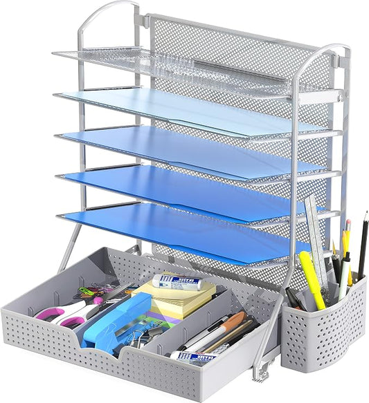 Simple Houseware 6-Tier Desk Document File Tray Organizer with Sliding Drawer, Silver