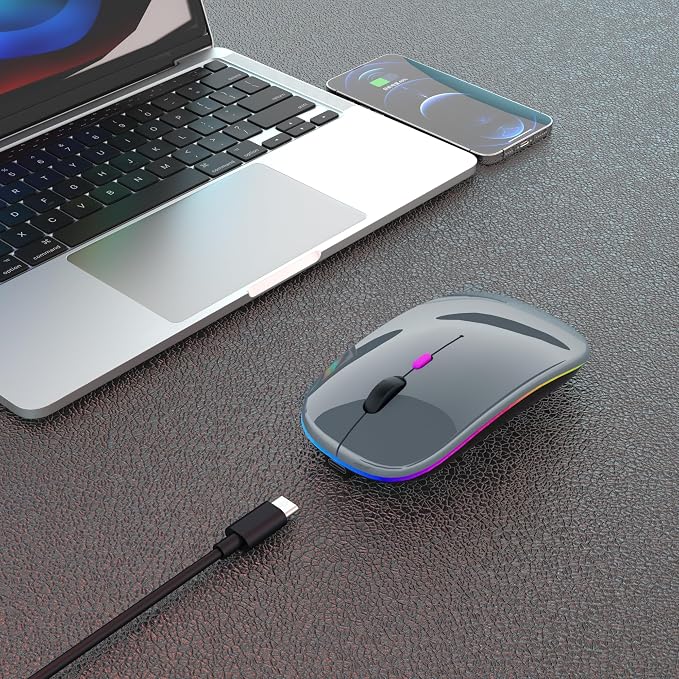 AIKOKOK Wireless Bluetooth Mouse, Rechargeable, Dual Mode Bluetooth 5.2 & 2.4G USB, LED Lights, Slim, Silent, Portable Computer Mouse for Laptop, PC, MacBook, iPad, Tablet (Grey)