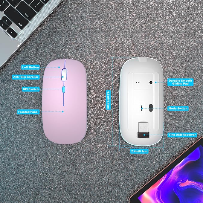 AIKOKOK Wireless Bluetooth Mouse, Rechargeable, Dual Mode Bluetooth 5.2 & 2.4G USB, LED Lights, Slim, Silent, Portable Computer Mouse for Laptop, PC, MacBook, iPad, Tablet (Pink)