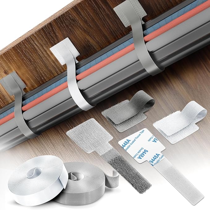 Cable Management Kit – 40 Self-Adhesive Hook & Loop Cable Ties with 2 Extension Straps, Strong Adhesive Cord Organizer for Desk, Wall, Home & Office, Adjustable Wire Holders, Grey & White
