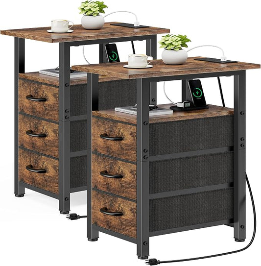 Vagusicc Set of 2 Night Stand with Charging Station, Narrow Nightstand with U-S-B Ports and Outlets, Small Night Stand 3 Fabric Storage Drawers, Small Bedside Table, Rustic Brown