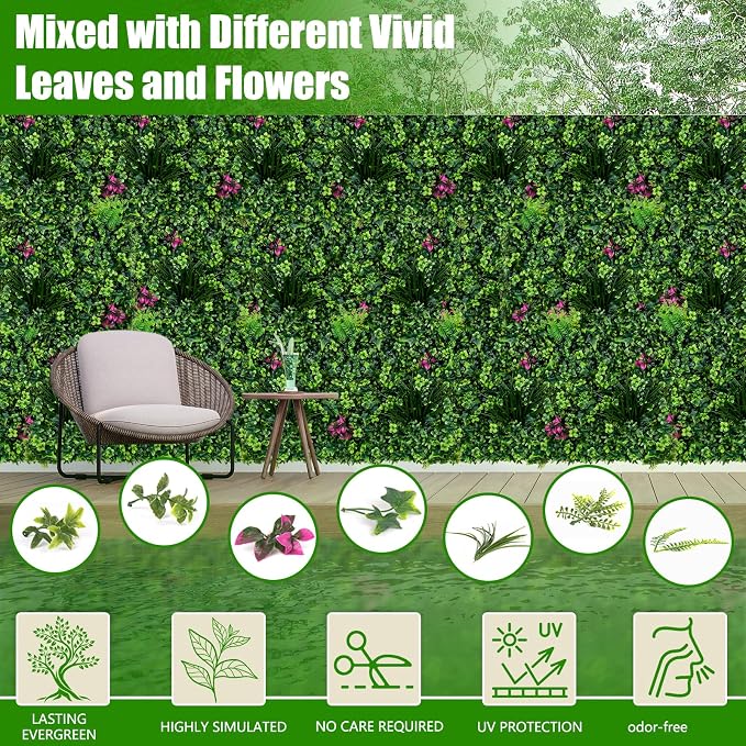 Artificial Grass Wall Panels, 20"x20" 8pcs Grass Backdrop with Mint Plant Leaves, UV-Anti Fake Greenery Plant Boxwood Panels for Privacy Fence Screen, Outdoor Green Wall Decor for Patio Garden