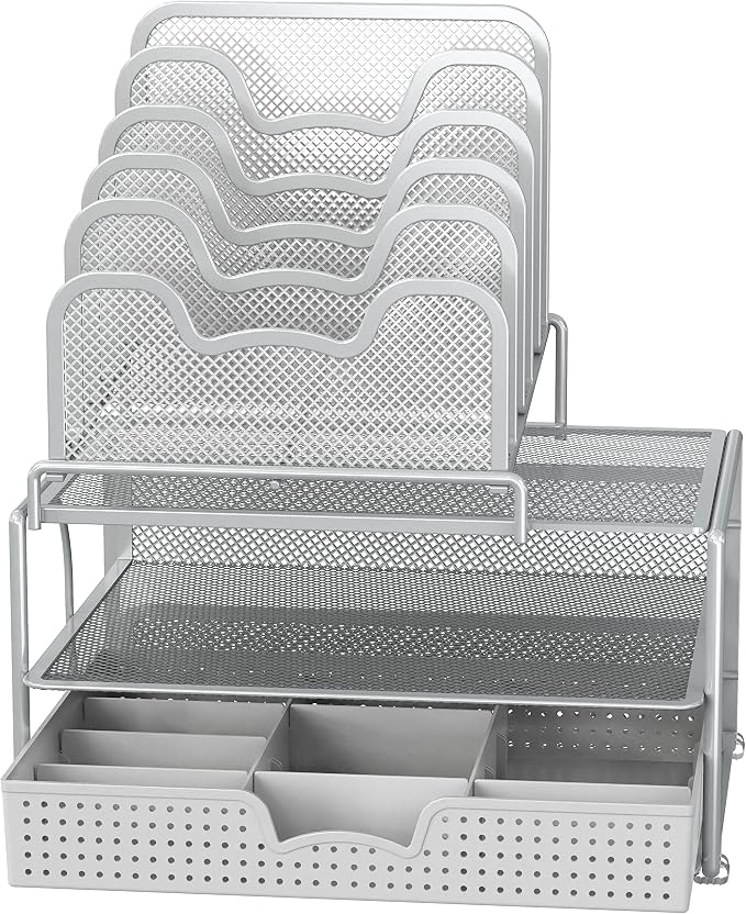 Simple Houseware Mesh Desk Organizer with Sliding Drawer, Double Tray and 5 Stacking Sorter Sections, Silver