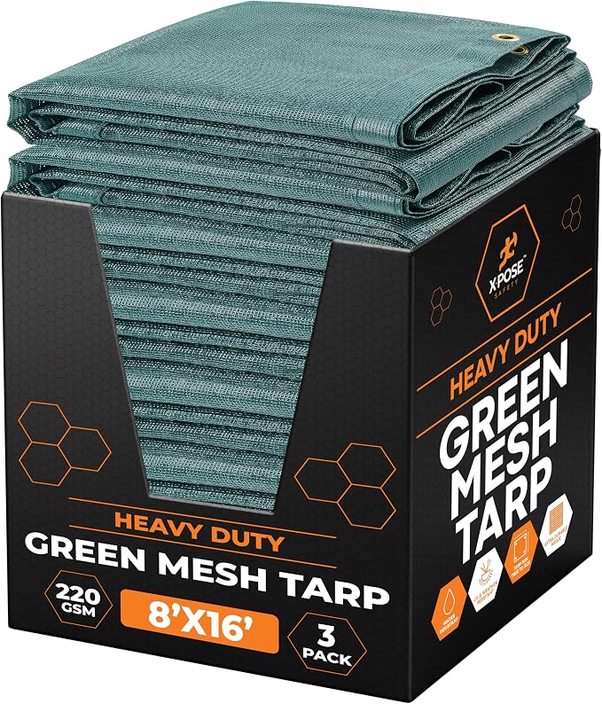 Xpose Safety Heavy Duty Green Mesh Tarp 8' x 16' (3-Pack) – 70% Sunblock Shade Cloth with Grommets for Garden, Fence, Privacy Screen, Canopies, Dump Trucks, Pool Cover – Tear & Weather Resistant