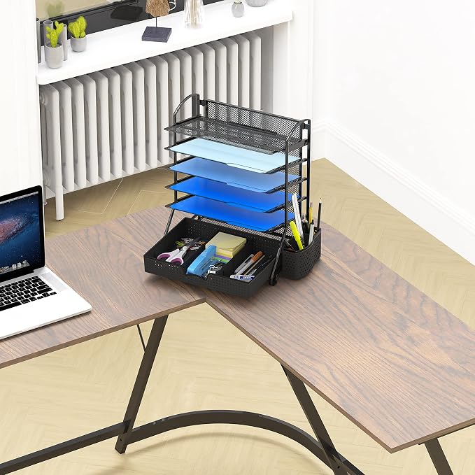 Simple Houseware 6-Tier Desk Document File Tray Organizer with Supplies Sliding Drawer, Black