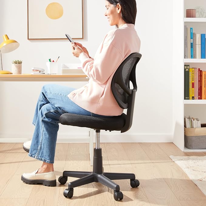 Amazon Basics Low Back Office Chair, Breathable Mesh, Height Adjustable, Padded Seat, Rolling Wheels, Swivel, Back Support, Sturdy, 21.25" D x 22.5" W x 38" H, Black