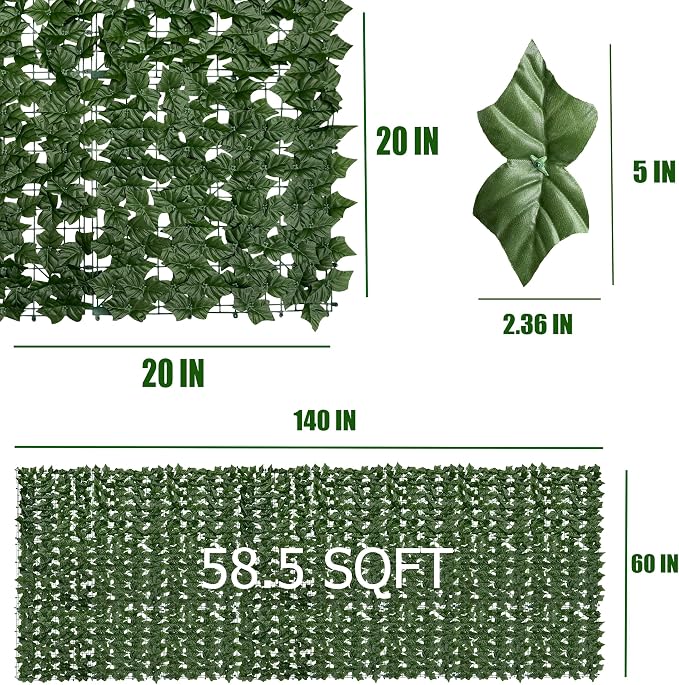 Artificial Ivy Privacy Fence Screen: 60" by 140" (58.5 SQFT) UV-Anti Faux Hedge Fence and Fake Ivy Vine Leaf Wall Panels for Indoor&Outdoor Green Backdrop, Garden Greenery Decor