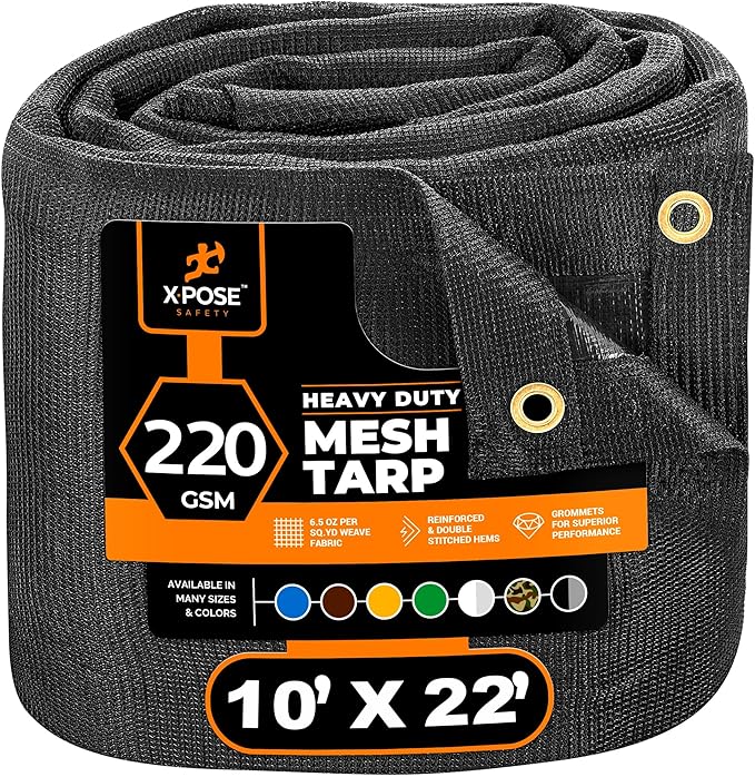 Xpose Safety Heavy Duty Mesh Tarp 10' x 22' – Multipurpose Black Protective Cover with Air Flow - Use for Tie Downs, Shade, Fences, Canopies, Dump Trucks – Weather and Tear Resistant