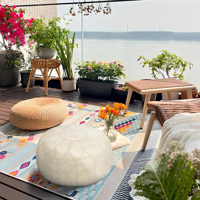 Thgonwid Unstuffed Moroccan Faux Leather Pouf Ottoman with Storage - Handmade Boho Chic Multi-Use Footrest for Living Room, Bedroom, Patio - Round Ethnic Floor Cushion & Decorative Accent, Ivory