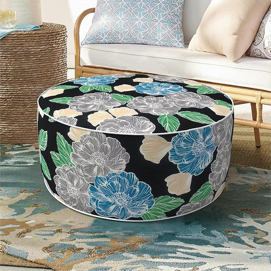 DYTXIII Inflatable Ottoman Stool D21 xH9 for Outdoor/Indoor Use, Water Repellent Patio Foot Rest with Portable Handle,Round Pouf Ottoman Suitable for Garden,Deck and Camping-Peony Garden