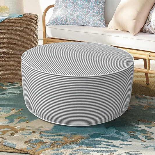 DYTXIII Inflatable Ottoman Stool D21 xH9 for Outdoor/Indoor Use, Water Repellent Patio Foot Rest Stool with Portable Handle,Round Pouf Ottoman Suitable for Garden,Deck and Camping - Stripe Grey