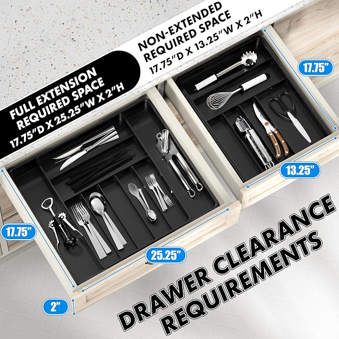 Simple Houseware Expandable Kitchen Drawer Flatware Organizer, Black – Adjustable Cutlery Tray with 9 Compartments for Utensils and Silverware