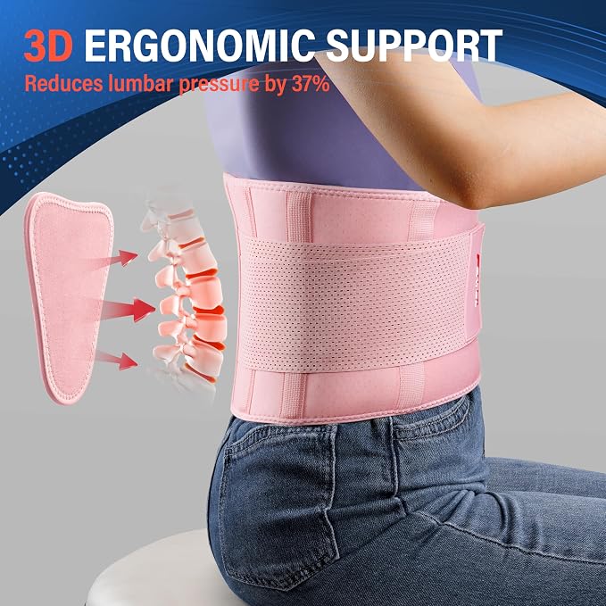 FEATOL Back Brace for Lower Back Pain, Breathable Back Support Belt for Women & Men with Lumbar Pad, Lumbar Support Belt for Heavy Lifting & Work, Pink, L/XL (Circumference:30-38.6")
