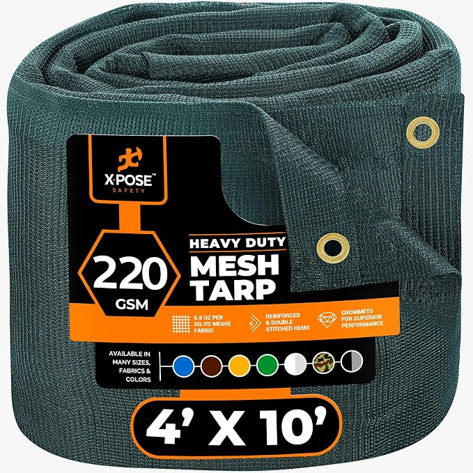 Xpose Safety Heavy Duty Green Mesh Tarp 4' x 10' – 70% Sunblock Shade Cloth with Grommets for Garden, Fence, Privacy Screen, Canopies, Dump Trucks, Pool Cover – Tear & Weather Resistant