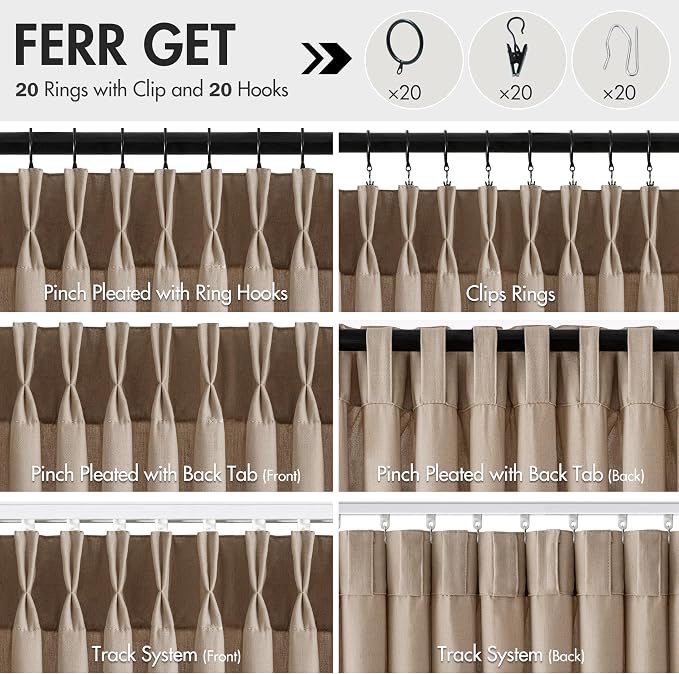 Memory Trained Pinch Pleated Curtains 84 Inches Long, Viral Linen Pinch Pleat Sheer Curtains with Ring Hooks&Clips for Track System Living Room, Taupe Light Filtering Privacy Curtain 2 Panel Set
