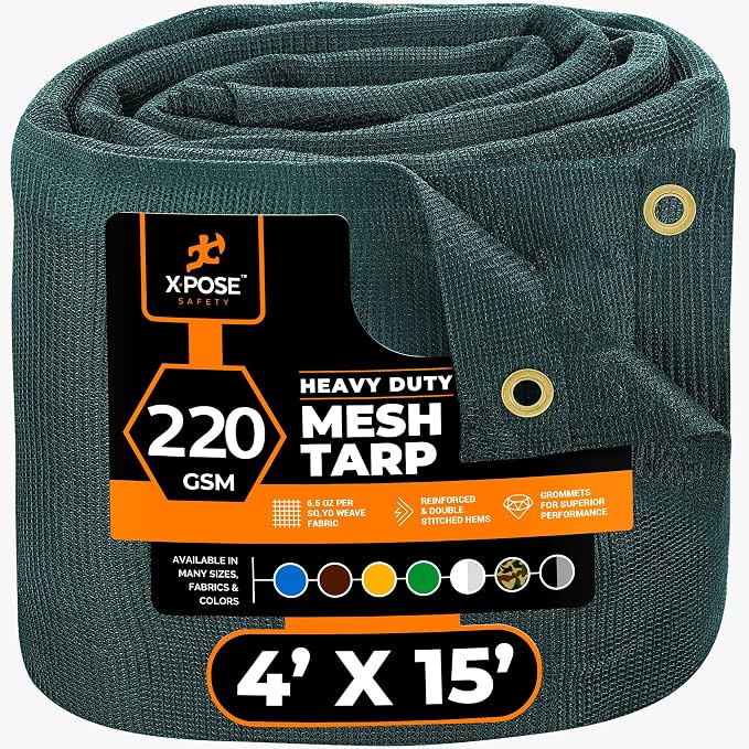 Xpose Safety Heavy Duty Green Mesh Tarp 4' x 15' – 70% Sunblock Shade Cloth with Grommets for Garden, Fence, Privacy Screen, Canopies, Dump Trucks, Pool Cover – Tear & Weather Resistant