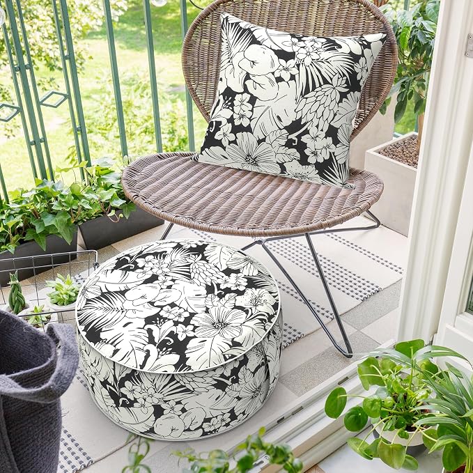 DYTXIII Inflatable Ottoman Stool D21 xH9 for Outdoor/Indoor Use, Water Repellent Patio Foot Rest with Portable Handle,Round Pouf Ottoman Suitable for Garden,Deck and Camping-Tropical Blossom Noir