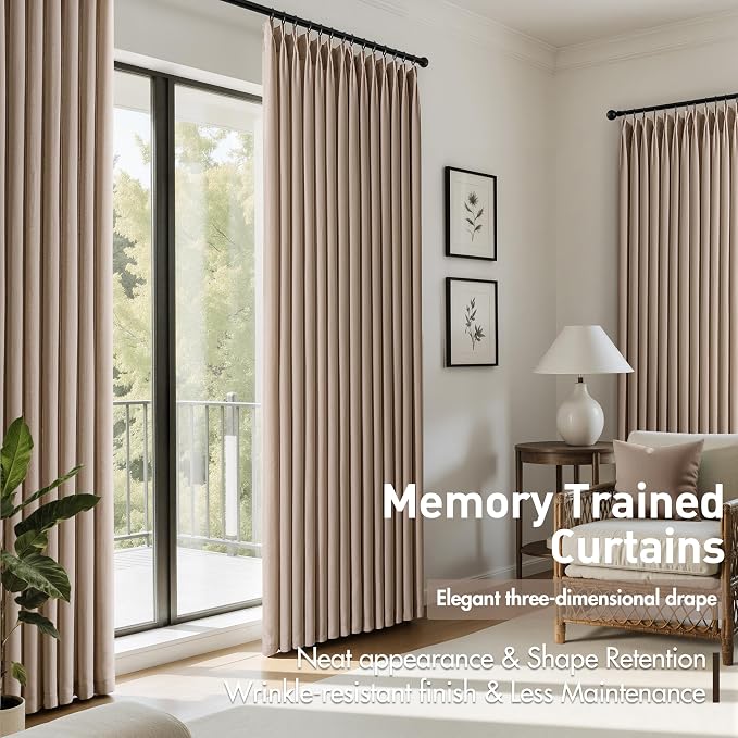 Memory Trained Pinch Pleated Curtains 96 Inches Long, Viral Linen Pinch Pleat Sheer Curtains with Ring Hooks&Clips for Track System Living Room, Taupe Light Filtering Privacy Curtain 2 Panel Set