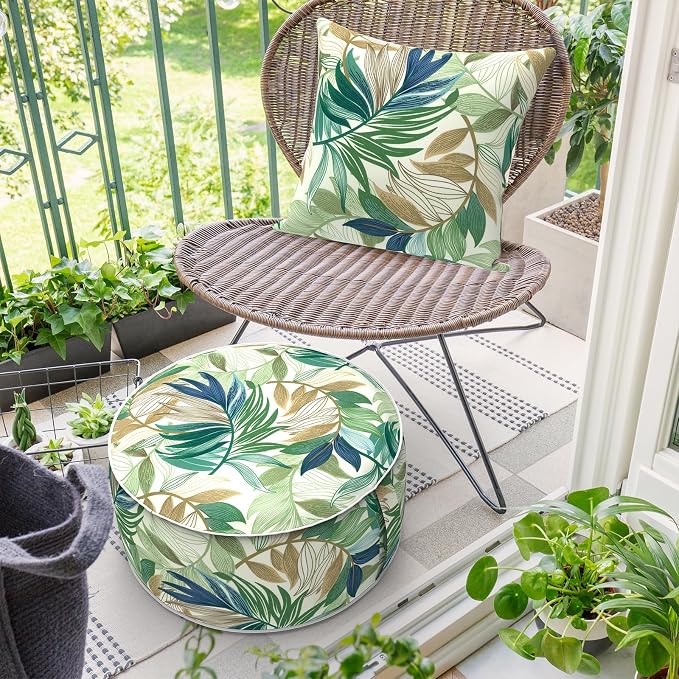 DYTXIII Inflatable Ottoman Stool D21 xH9 for Outdoor/Indoor Use, Water Repellent Patio Foot Rest Stool with Portable Handle,Round Pouf Ottoman Suitable for Garden,Deck and Camping - Lush Leaf Green