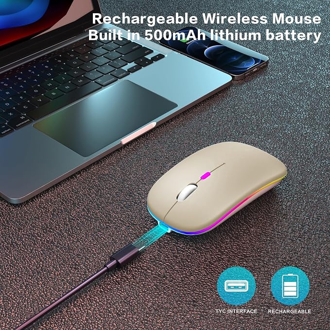 AIKOKOK Wireless Bluetooth Mouse, Rechargeable, Dual Mode Bluetooth 5.2 & 2.4G USB, LED Lights, Slim, Silent, Portable Computer Mouse for Laptop, PC, MacBook, iPad, Tablet (Gold)