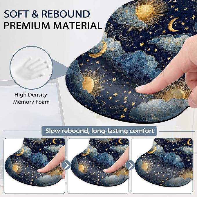 Starry Night Keyboard Wrist Rest Pad Ergonomic Mouse Pad Set,Sun Moon 3 in 1 Memory Foam Mouse Pad with Non Slip Base for Office and Home