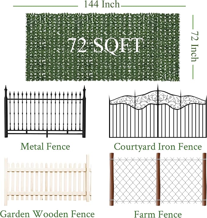 Artificial Ivy Privacy Fence Screen: 72"x 144" (72 Sqft) Anti-Ultraviolet Artificial Hedge Grass Wall, Used for Indoor and Outdoor Green Background, Garden Greening Decoration